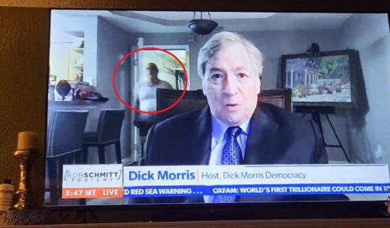 Political pundit Dick Morris speaks during a Newsmax interview when a man clad only in underwear enters the room behind him.