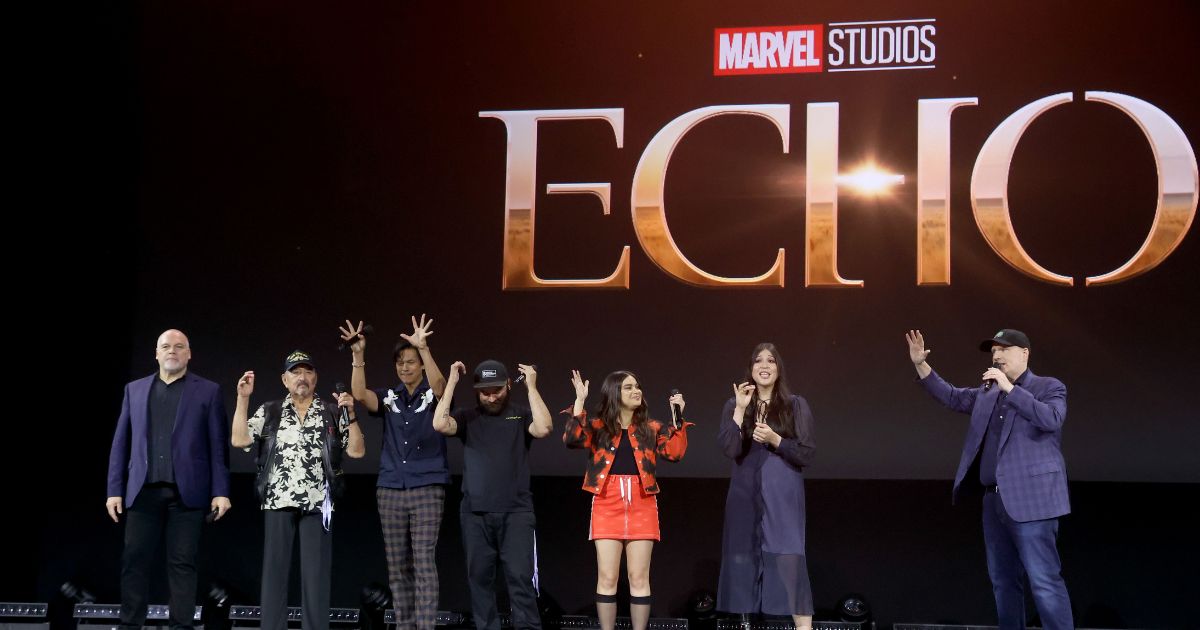 (L-R) Vincent D'Onofrio, Graham Greene, Chaske Spencer, Cody Lightning, Devery Jacobs, Alaqua Cox, and Kevin Feige, President of Marvel Studios and Chief Creative Officer of Marvel, speak onstage during D23 Expo 2022 at Anaheim Convention Center in Anaheim, California on September 10, 2022.