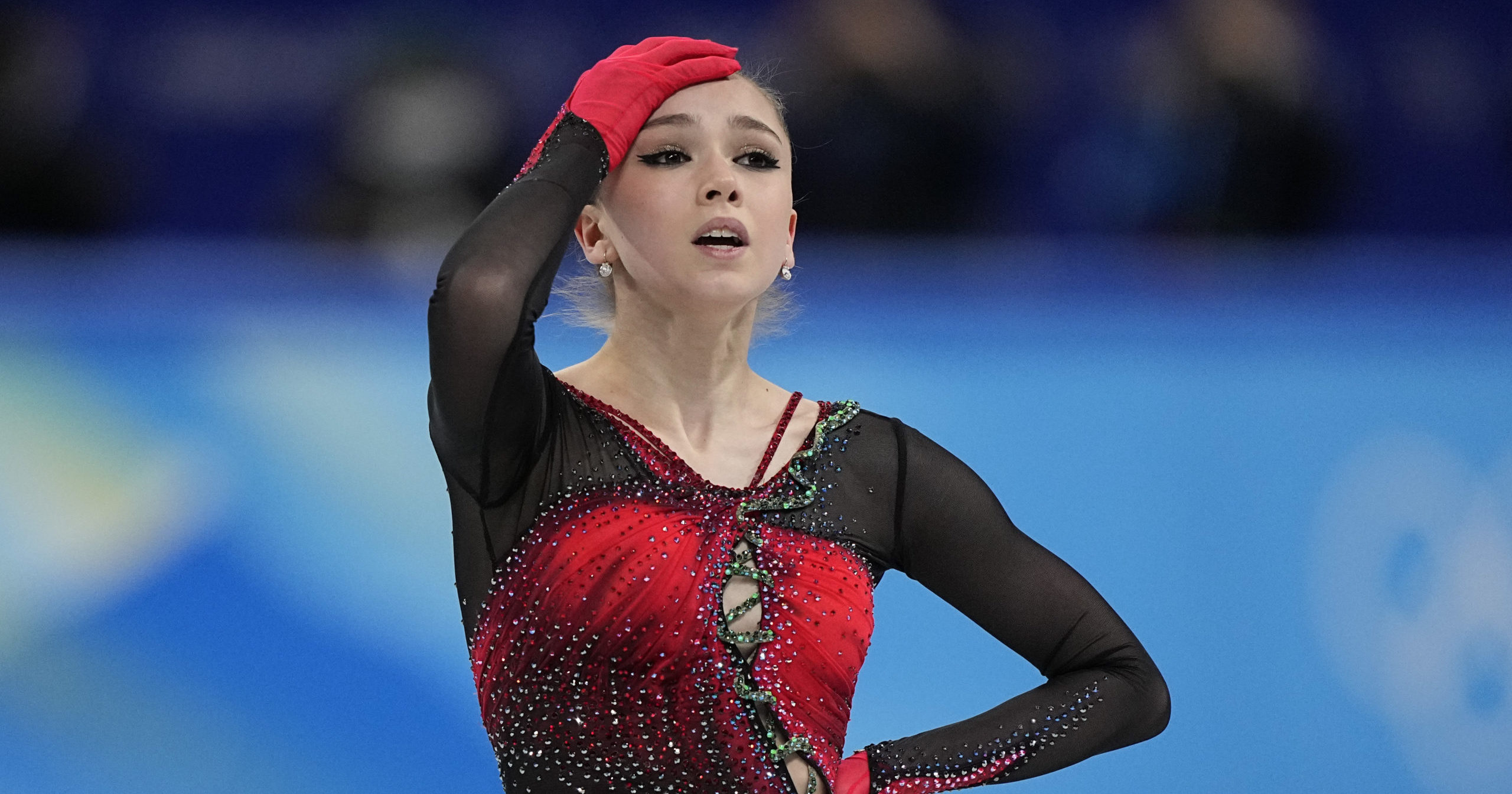Kamila Valieva of the Russian Olympic Committee reacts during the women's team free skate program at the 2022 Winter Olympics on Feb. 7, 2022, in Beijing.
