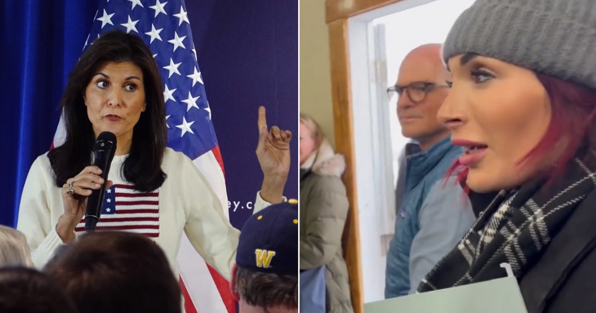 Former U.N. Ambassador Nikki Haley, left, is pictured at a Dec. 18 campaign event in Nevada, Iowa. Conservative activist Laura Loomer, right, is pictured in a video released Saturday that shows her being removed from a Haley campaign event Saturday in Bettendorf, Iowa.