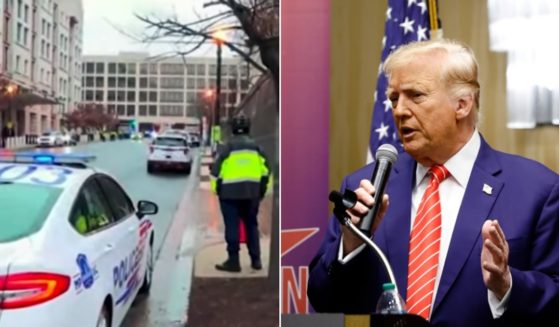 The scene outside a Washington, D.C., courthouse where unidentified journalists were recorded Tuesday joking about a potential assassination of former President Donald Trump, left. Right, Trump is pictured speaking at a campaign event Saturday in Des Moines, Iowa.