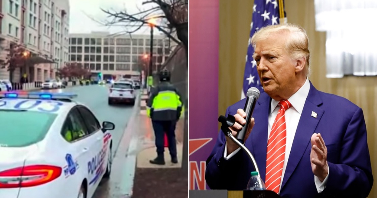 The scene outside a Washington, D.C., courthouse where unidentified journalists were recorded Tuesday joking about a potential assassination of former President Donald Trump, left. Right, Trump is pictured speaking at a campaign event Saturday in Des Moines, Iowa.