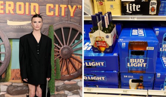 (L) Dylan Mulvaney attends the "Asteroid City" New York Premiere at Alice Tully Hall on June 13, 2023 in New York City. (R) Bud Light, made by Anheuser-Busch, sits on a store shelf on July 27, 2023 in Miami, Florida.