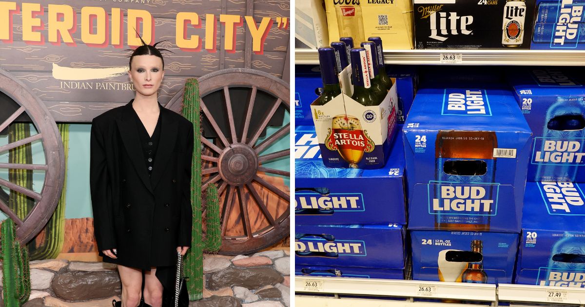 (L) Dylan Mulvaney attends the "Asteroid City" New York Premiere at Alice Tully Hall on June 13, 2023 in New York City. (R) Bud Light, made by Anheuser-Busch, sits on a store shelf on July 27, 2023 in Miami, Florida.