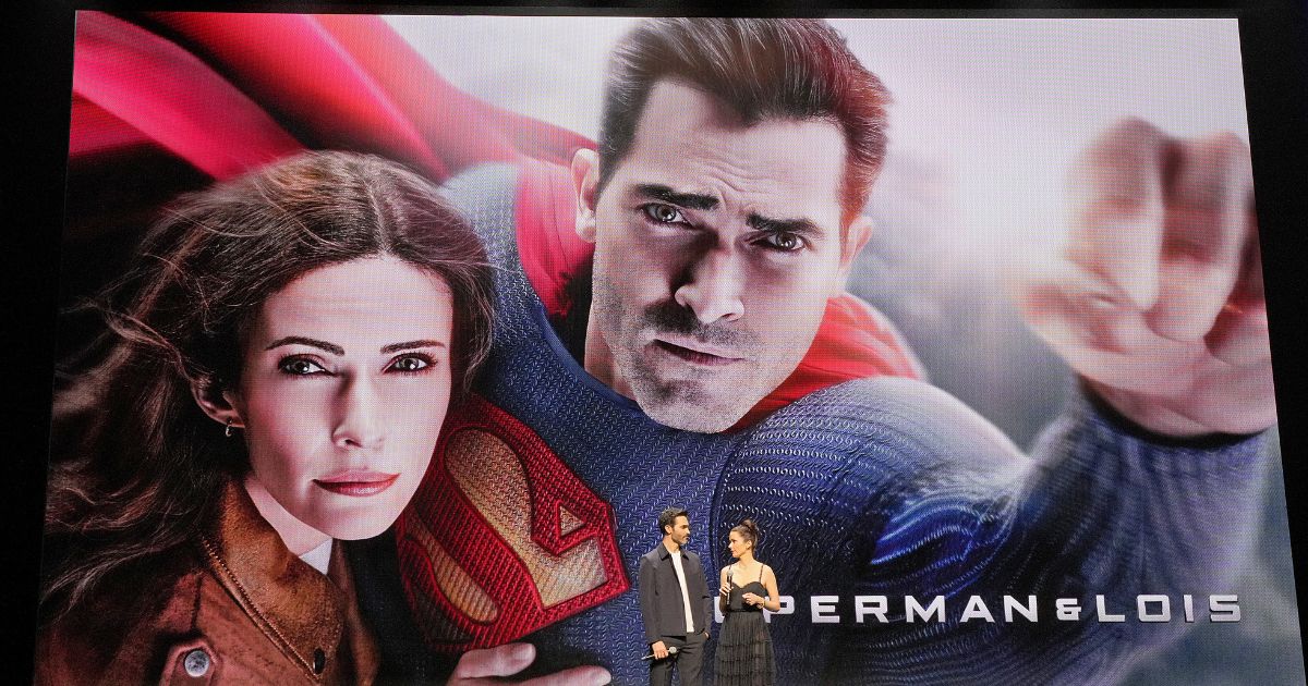 Tyler Hoechlin and Bitsie Tulloch of "Superman & Lois" speak onstage during The CW Network's 2022 Upfront Arrivals at New York City Center on May 19, 2022 in New York City.
