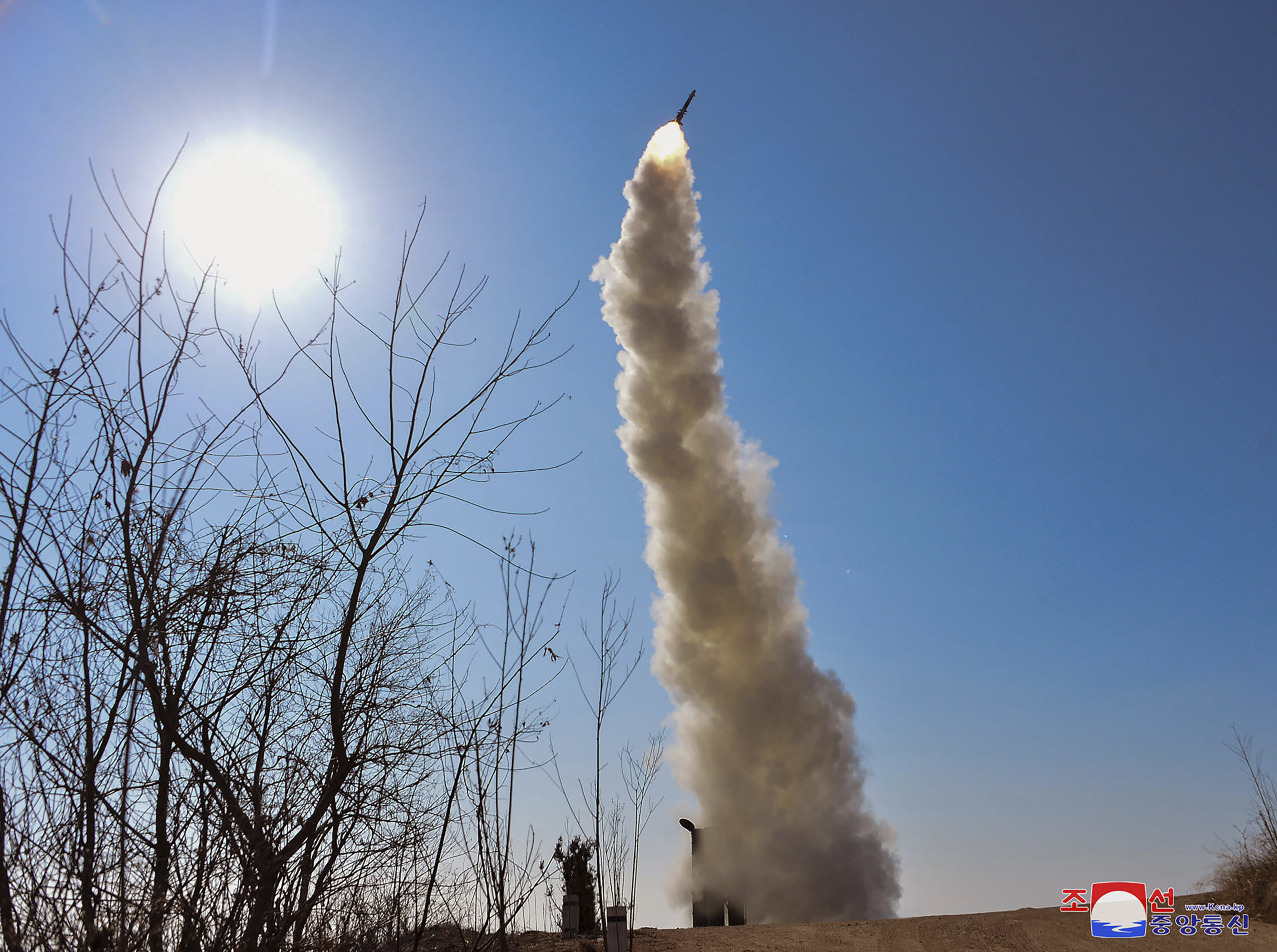 This photo provided by the North Korean government shows what it says is a test firing of a new anti-air missile in North Korea on Friday. The content of this image as provided could not be independently verified.