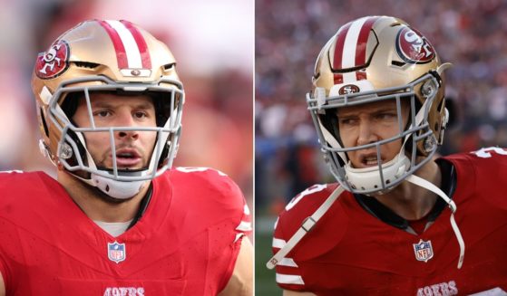 San Francisco 49ers players Nick Bosa, left, and Christian McCaffrey complained about being rudely awakened by a fire drill at their hotel Thursday.