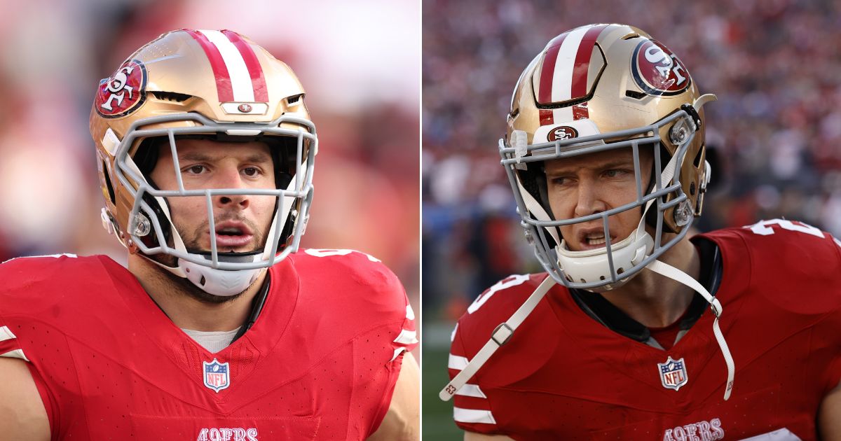 San Francisco 49ers players Nick Bosa, left, and Christian McCaffrey complained about being rudely awakened by a fire drill at their hotel Thursday.