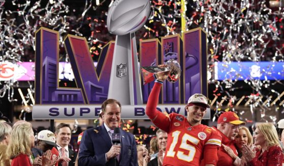 Kansas City Chiefs quarterback Patrick Mahomes, right, celebrates after winning Super Bowl LVIII over the San Francisco 49ers in Las Vegas, Nevada, on Sunday.
