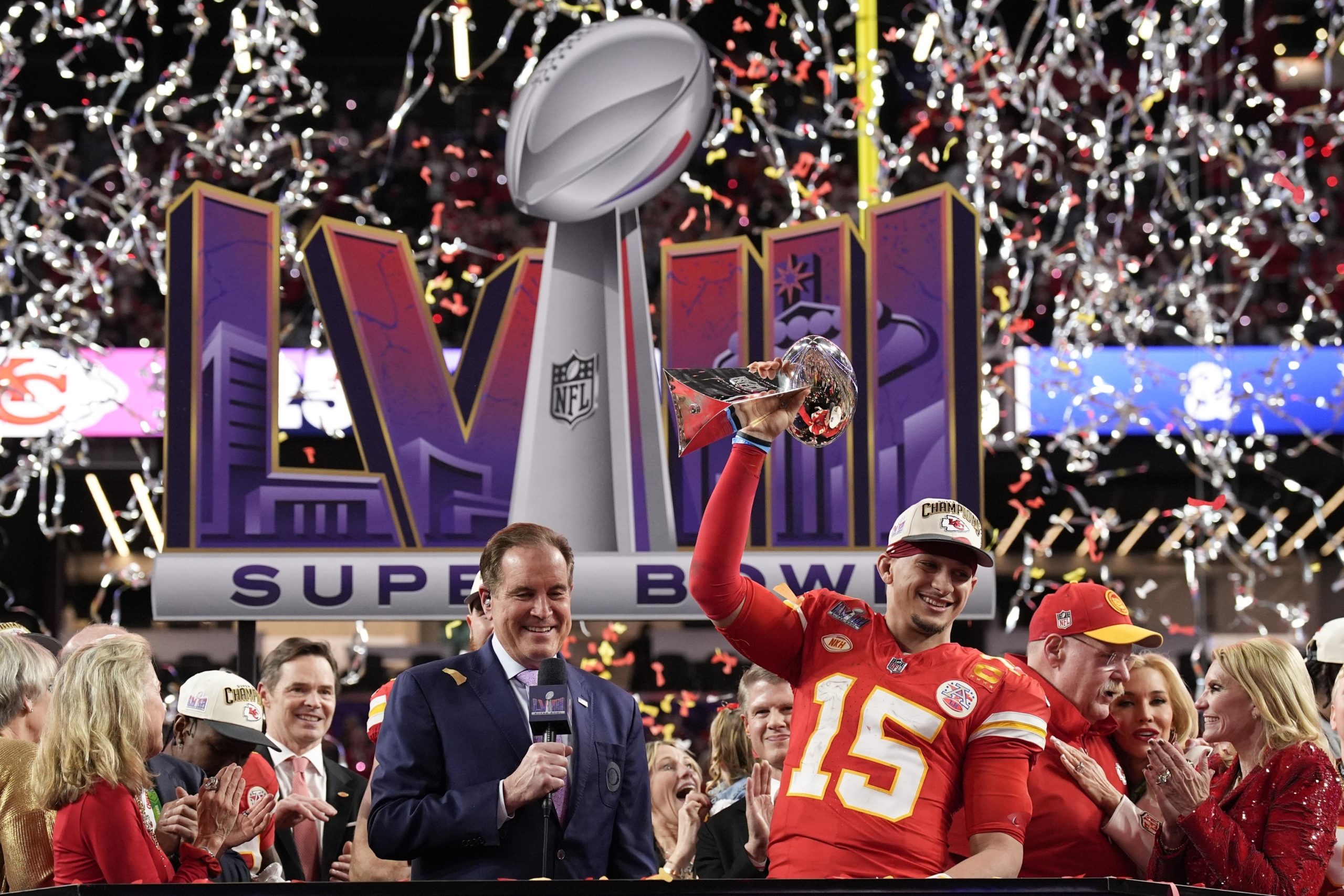 Kansas City Chiefs quarterback Patrick Mahomes, right, celebrates after winning Super Bowl LVIII over the San Francisco 49ers in Las Vegas, Nevada, on Sunday.
