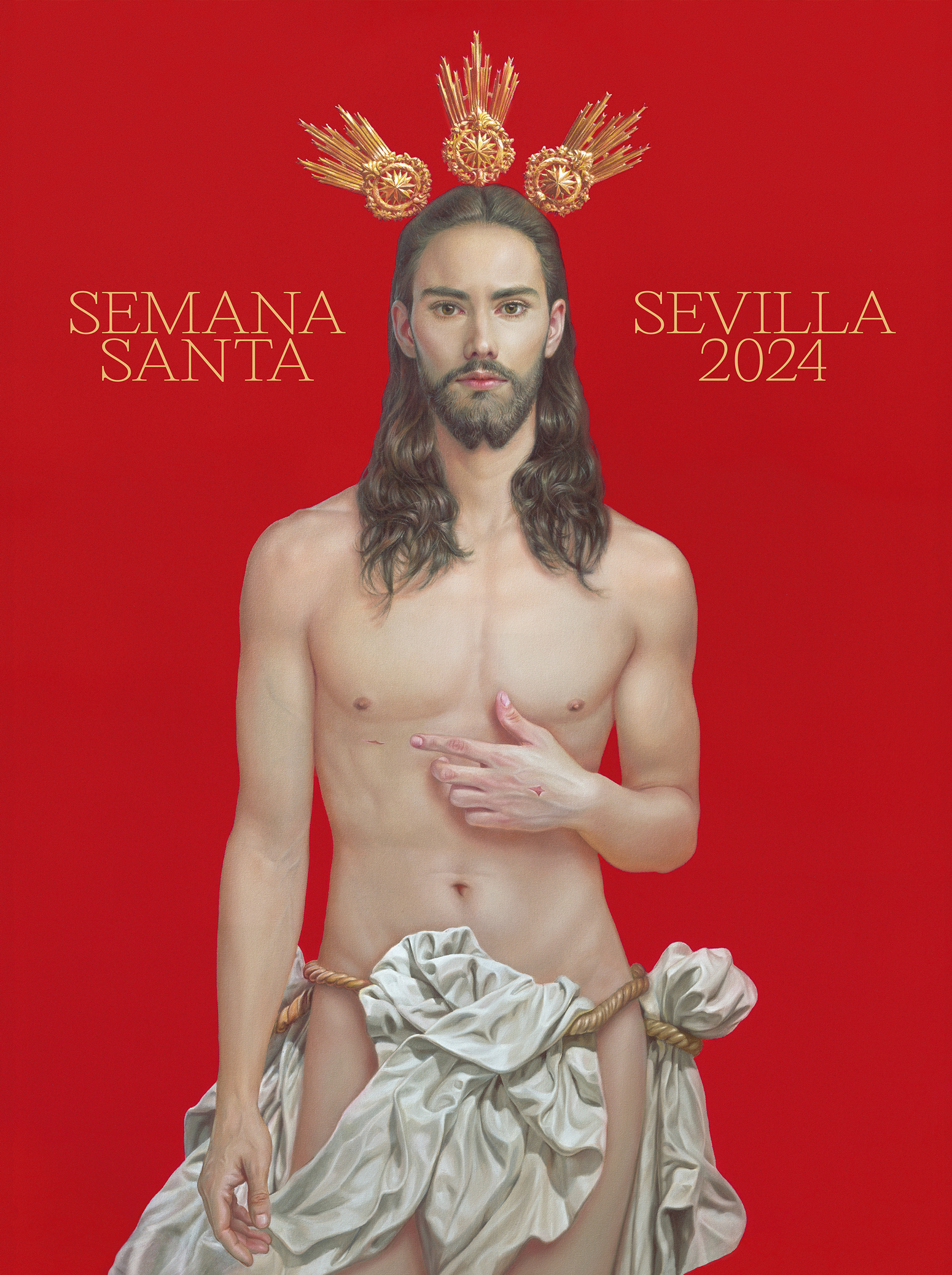 A poster by Seville artist Salustiano Garcia Cruz depicts a young, handsome, fit and fresh-faced Jesus wearing a shroud as loincloth. There is no crown of thorns, no suffering face and just two tiny stab wounds on the hand and ribcage.