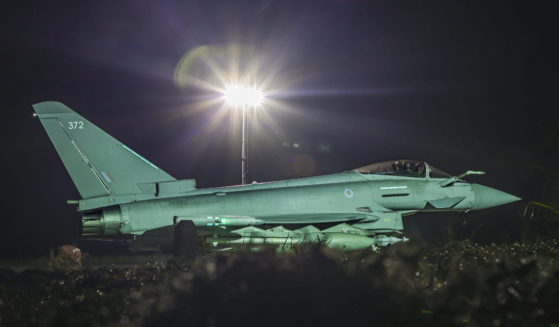 A RAF Typhoon FGR4 aircraft returns to a military base in the Middle East after carrying out a strike against Houthi targets in Yemen.