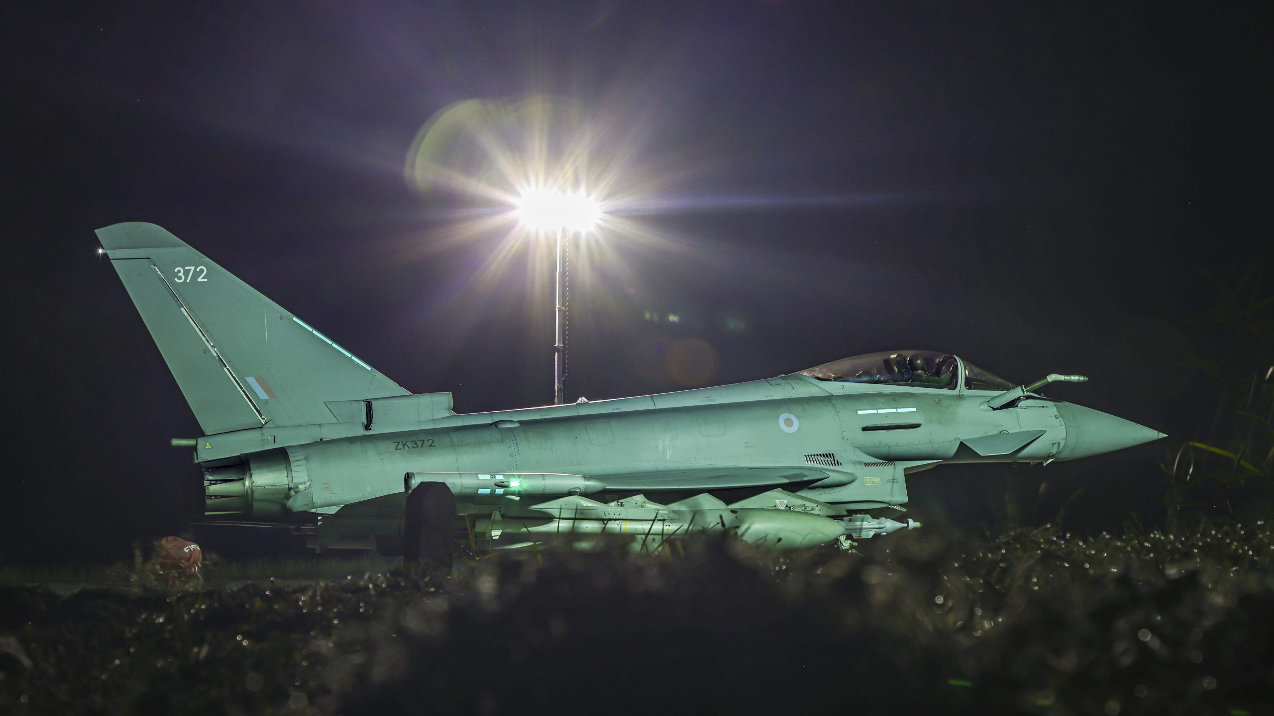 A RAF Typhoon FGR4 aircraft returns to a military base in the Middle East after carrying out a strike against Houthi targets in Yemen.
