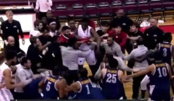 On Monday night basketball players from University of the Incarnate Word and Texas A&M University-Commerce got into a brawl after the game in San Antonio, Texas, injuring at least one person in the crowd.