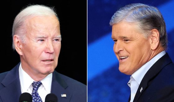 At left, President Joe Biden speaks during the annual House Democrats Issues Conference in Leesburg, Virginia, on Feb. 8. At right, Sean Hannity speaks onstage during the Fox Nation Patriot Awards at the Grand Ole Opry in Nashville, Tennessee, on Nov. 16.