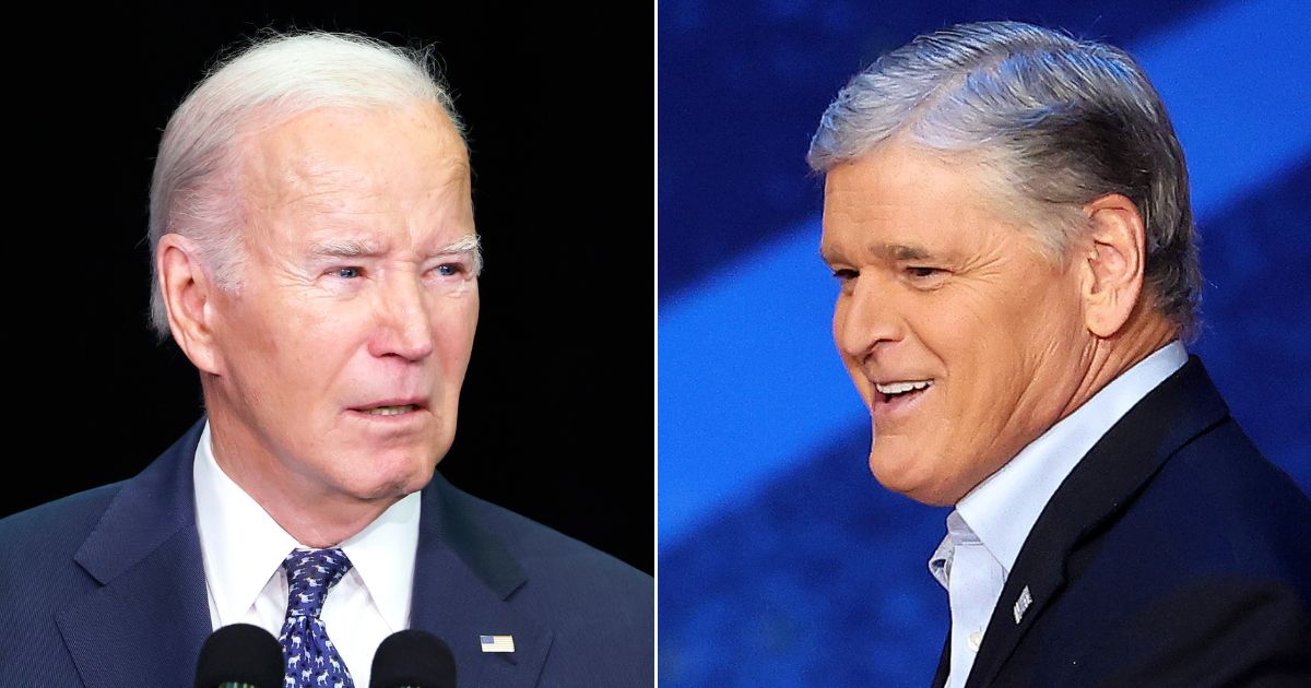 At left, President Joe Biden speaks during the annual House Democrats Issues Conference in Leesburg, Virginia, on Feb. 8. At right, Sean Hannity speaks onstage during the Fox Nation Patriot Awards at the Grand Ole Opry in Nashville, Tennessee, on Nov. 16.