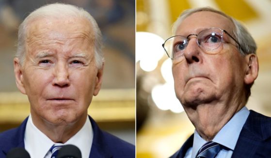 At left, President Joe Biden delivers remarks in the Roosevelt Room of the White House in Washington on Feb. 16. At right, Senate Minority Leader Mitch McConnell listens to reporters' questions during a news conference at the U.S. Capitol in Washington on Sept. 12.