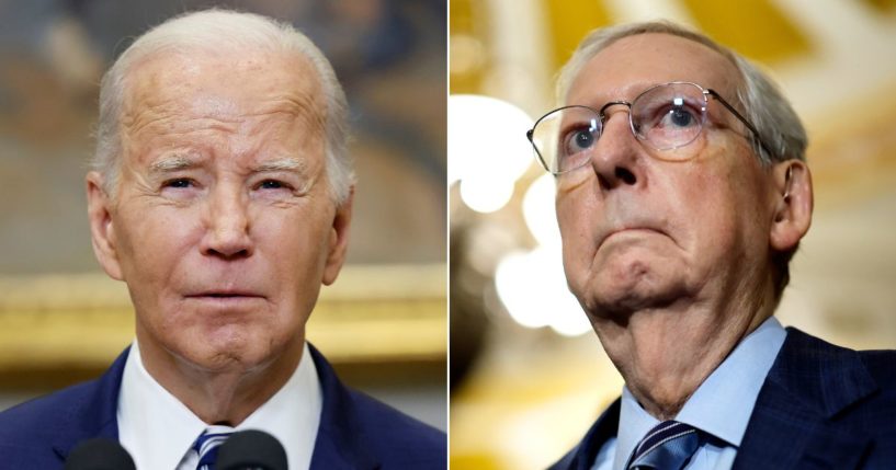 At left, President Joe Biden delivers remarks in the Roosevelt Room of the White House in Washington on Feb. 16. At right, Senate Minority Leader Mitch McConnell listens to reporters' questions during a news conference at the U.S. Capitol in Washington on Sept. 12.