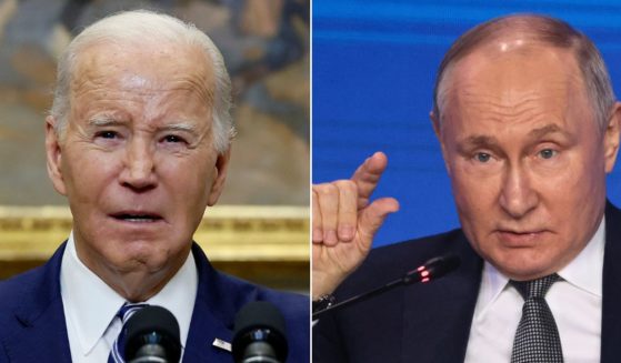 At left, President Joe Biden speaks in the Roosevelt Room of the White House in Washington on Friday. At right, Russian President Vladimir Putin gestures during the Forum of Future Technologies in Moscow on Wednesday.