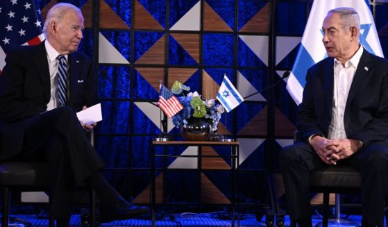 President Joe Biden, left, and Israel's Prime Minister Benjamin Netanyahu, right, speak prior to their statements and meeting in Tel Aviv, Israel, on Oct. 18.