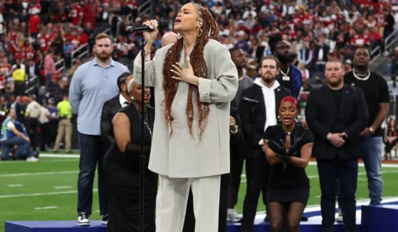 Andra Day performs “Lift Every Voice and Sing” during the Super Bowl LVIII Pregame in Las Vegas, Nevada, on Sunday.