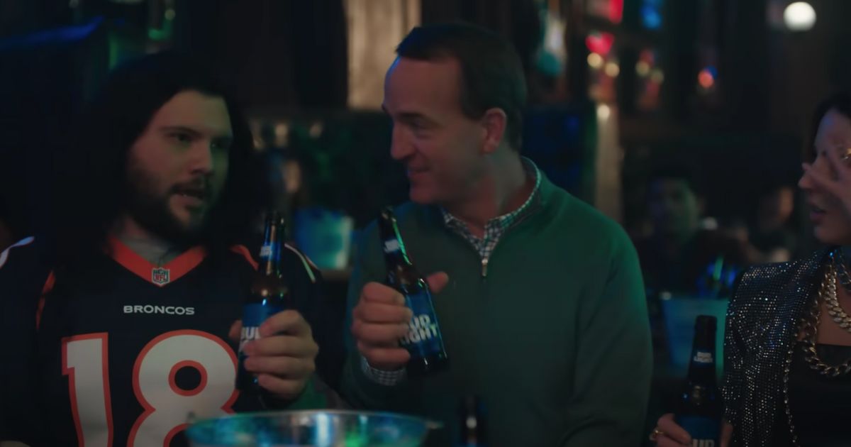 Peyton Manning, center, was one celebrity featured in Bud Light's Super Bowl commercial designed to boost sales following the 2023 boycott of the company.
