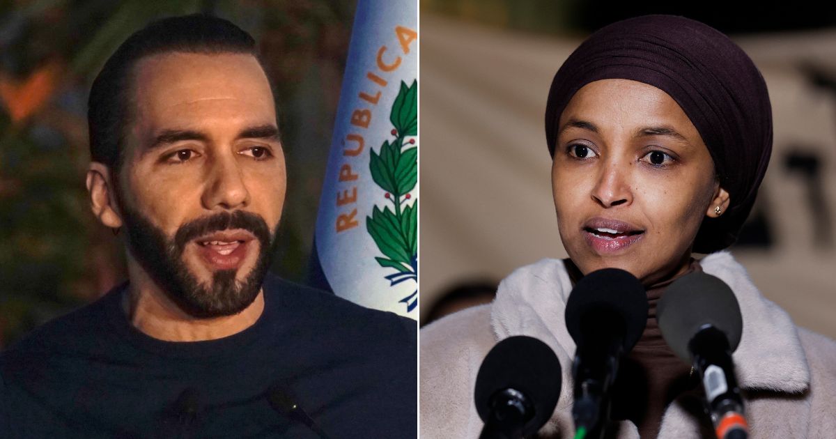 At left, President of El Salvador Nayib Bukele speaks in La Libertad, El Salvador, on Nov. 20. At right, Rep. Ilhan Omar speaks during a news conference outside the U.S. Capitol in Washington on Nov. 13.