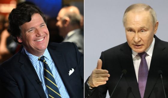 At left, Tucker Carlson speaks at Hard Rock Live in Hollywood, Florida, on Nov. 17, 2022. At right, Russian President Vladimir Putin delivers a speech in Tula on Friday.