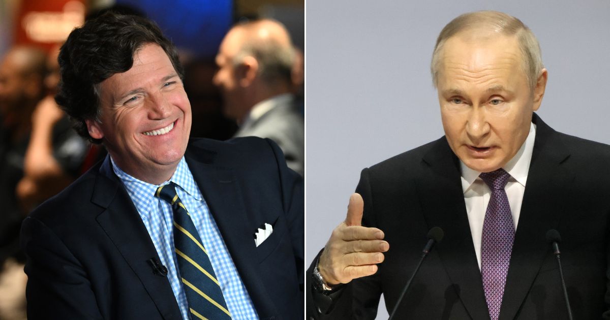 At left, Tucker Carlson speaks at Hard Rock Live in Hollywood, Florida, on Nov. 17, 2022. At right, Russian President Vladimir Putin delivers a speech in Tula on Friday.