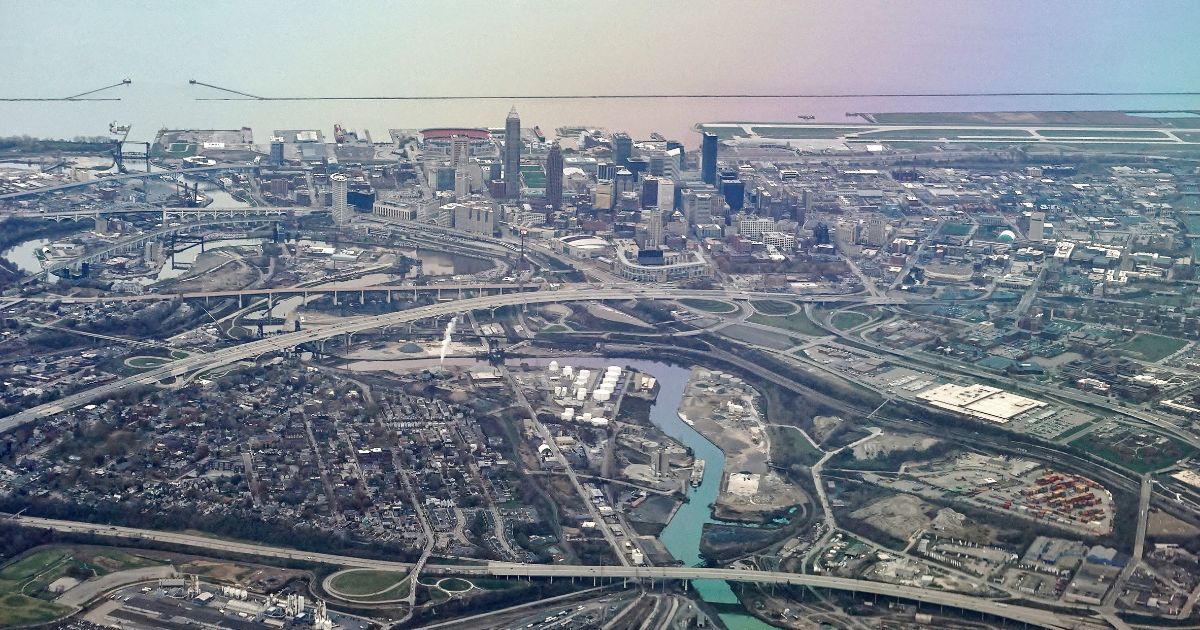 A stock photo from 2018 shows an aerial view of Cleveland and Lake Erie.