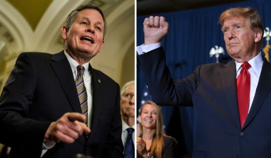 Sen. Steve Daines speaks during a news conference on Jan. 23 in Washington, D.C. Former President Donald Trump gestures during an election night watch party on Saturday in Columbia, South Carolina.