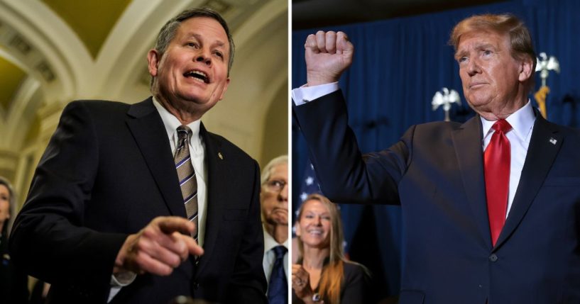 Sen. Steve Daines speaks during a news conference on Jan. 23 in Washington, D.C. Former President Donald Trump gestures during an election night watch party on Saturday in Columbia, South Carolina.