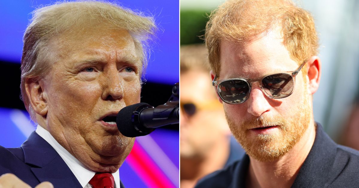 At left, Republican presidential candidate and former President Donald Trump speaks at the Conservative Political Action Conference (at the Gaylord National Resort Hotel and Convention Center in National Harbor, Maryland, on Saturday. At right, Prince Harry walks in the paddock before an F1 Grand Prix race in Austin, Texas, on Oct. 22.
