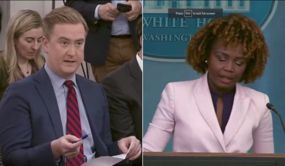 During Tuesday's White House news briefing, Fox News correspondent Peter Doocy, left, questions press secretary Karine Jean-Pierre, right, about President Joe Biden's recent gaffe regarding a dead French president.