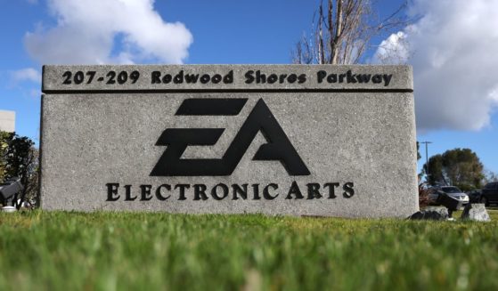 The sign posted outside of the Electronic Arts headquarters on March 30, 2023.