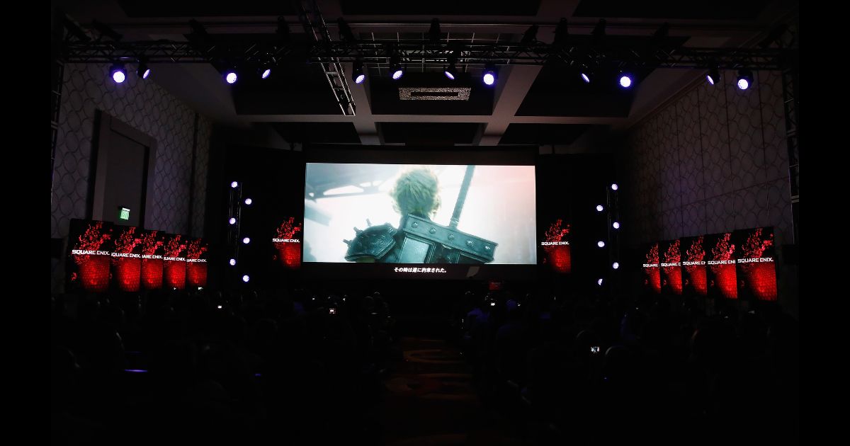 Footage of the game "Final Fantasy 7 remake" being shown at a Square Enix news conference in 2015.
