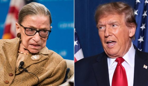 At left, Supreme Court Justice Ruth Bader Ginsburg participates in a discussion at the Georgetown University Law Center in Washington on Feb. 10, 2020. At right, Republican presidential candidate and former President Donald Trump arrives on stage to speak to supporters at the South Carolina State Fairgrounds in Columbia on Saturday.