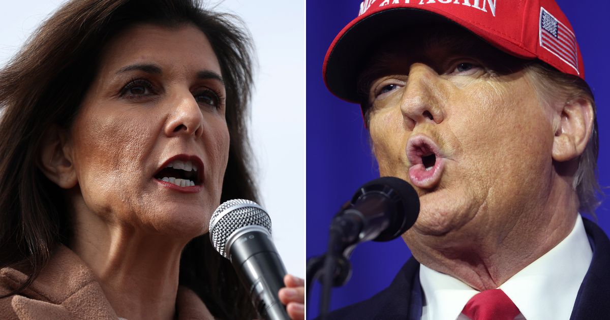 At left, Republican presidential candidate Nikki Haley speaks during a campaign event at American Legion Post 15 in Sumter, South Carolina, on Monday. At right, former President Donald Trump speaks to supporters during a rally in Waterford, Michigan, on Saturday.