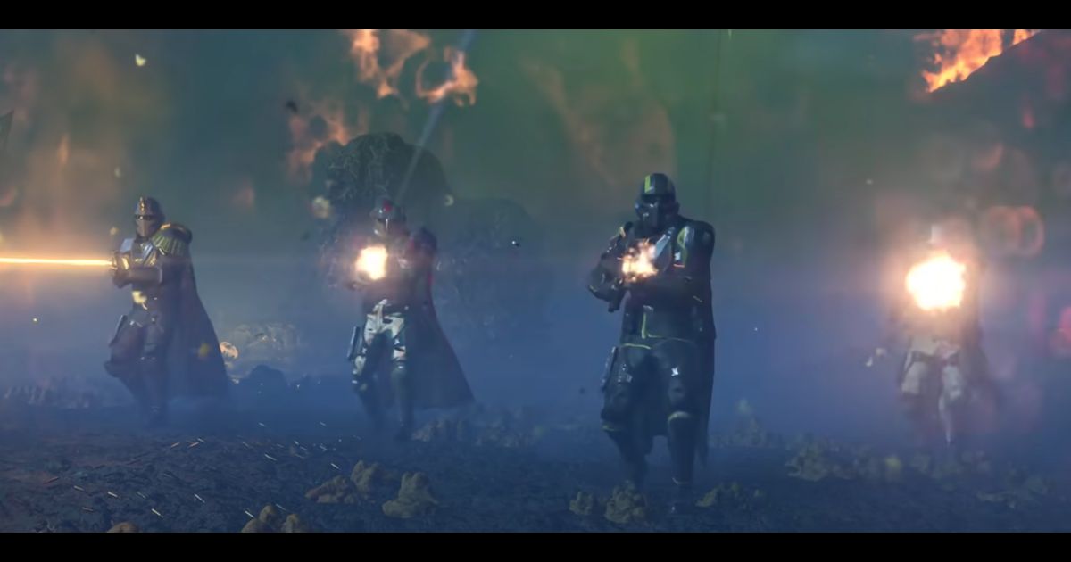 Four characters in a cinematic from the launch trailer for the video game "Helldivers 2."