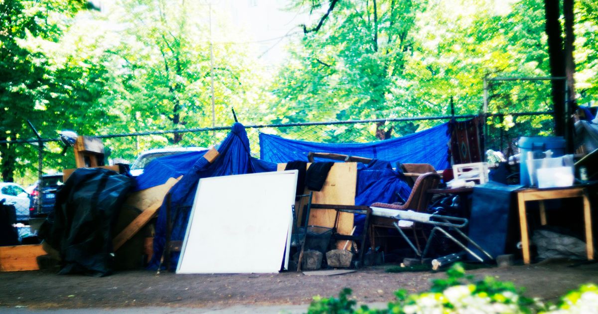 Homeless encampment is seen in an unnamed Pacific Northwest city. Citizens in Beaverton, Oregon, are complaining about a homeless shelter's location near a public school.