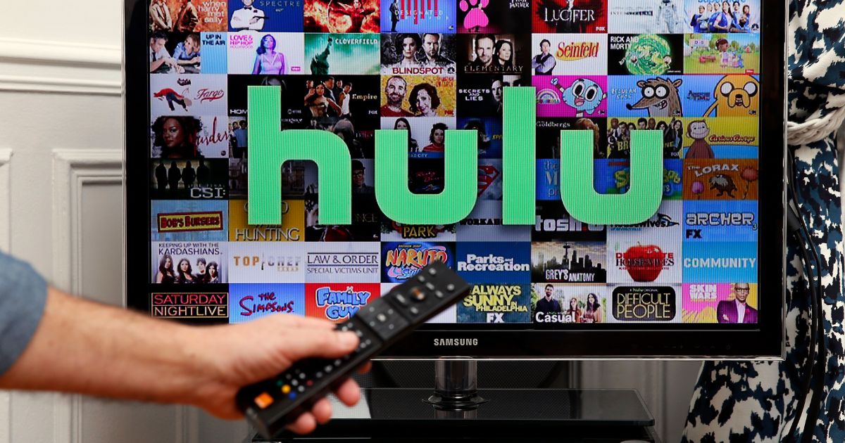 The logo of the streaming service Hulu displayed on a television.