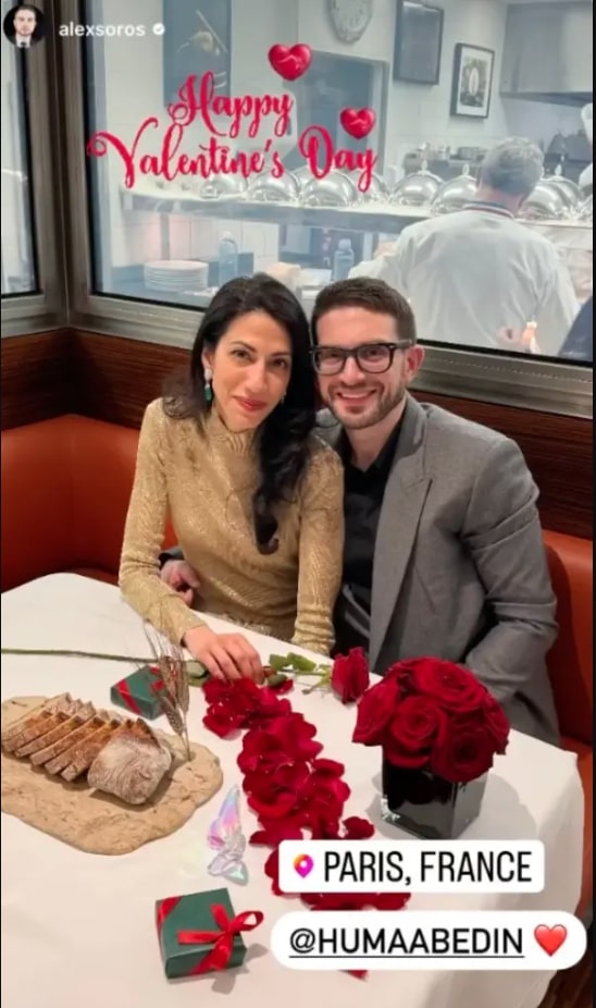 Huma Abedin and Alex Soros enjoy Valentine's Day at a Paris restaurant