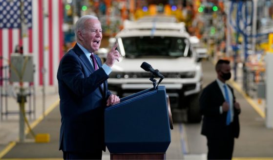 Joe Biden speaks during a visit to an electric vehicle plant in Detroit