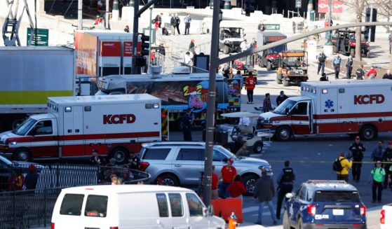 Law enforcement and medical personnel respond to a shooting at Union Station during the Kansas City Chiefs' Super Bowl victory parade in Kansas City on Wednesday.