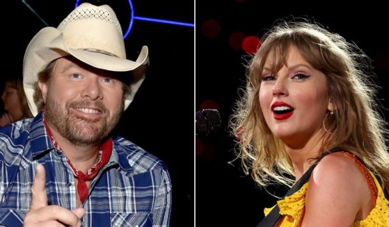 At left, Toby Keith attends the American Country Countdown Awards at The Forum in Inglewood, California, on May 1, 2016. At right, Taylor Swift performs at Melbourne Cricket Ground in Australia on Feb. 16.