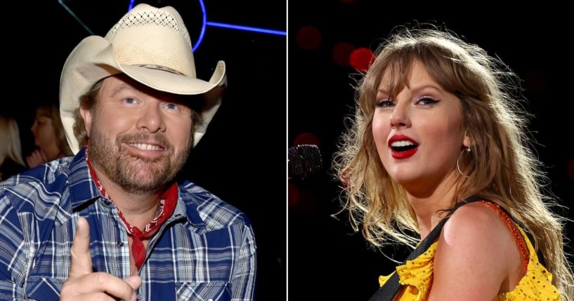 At left, Toby Keith attends the American Country Countdown Awards at The Forum in Inglewood, California, on May 1, 2016. At right, Taylor Swift performs at Melbourne Cricket Ground in Australia on Friday.