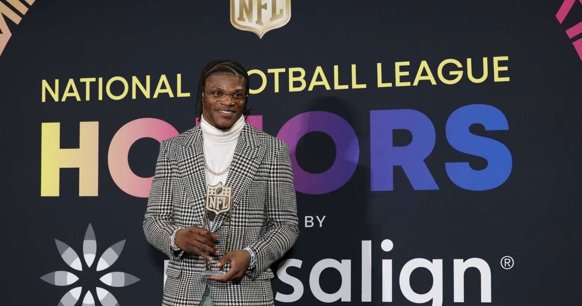Baltimore Ravens quarterback Lamar Jackson speaks during Thursday's NFL Honors award show in Las Vegas.
