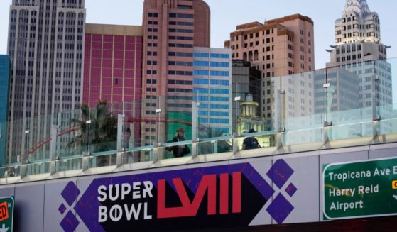 A sign for Super Bowl 58 adorns a pedestrian walkway across the Las Vegas Strip ahead of the Feb. 11 Super Bowl in Las Vegas.
