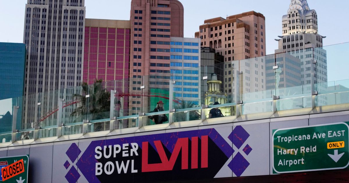 A sign for Super Bowl 58 adorns a pedestrian walkway across the Las Vegas Strip ahead of the Feb. 11 Super Bowl in Las Vegas.