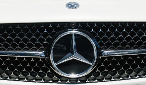 A stock photo shows the grill of a white Mercedes CLS in Rostov-on-Don, Russia, on May 7, 2022.